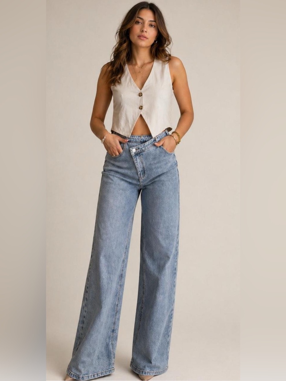 COMMENSE Asymmetric Waist Wide-Leg Jeans - Size XL